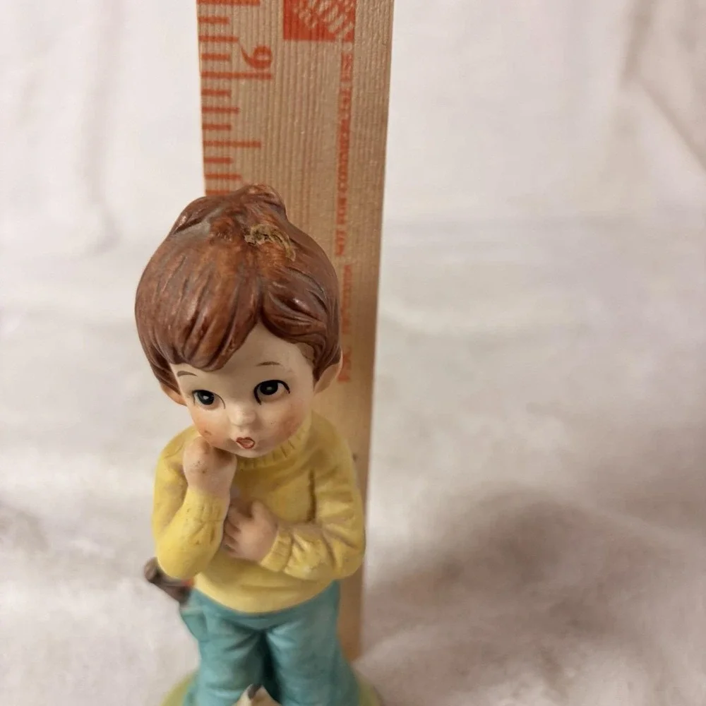 Vintage 80s Porcelain Boy Figurine Slingshot Cat As-Is / Missing Bird on Head